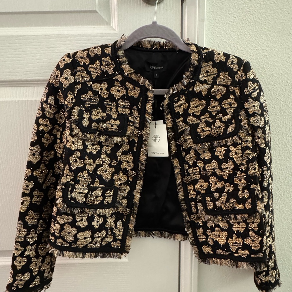 Black Gold Tweed Cropped Jacket Chanel Style Women Size S NWT